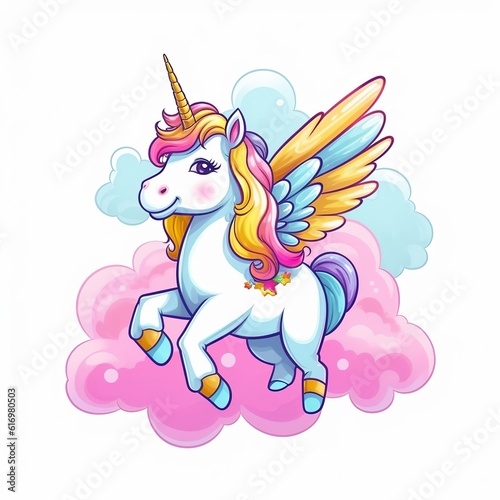 cartoon style illustration for cute flying unicorn in the sky with rainbow in background, Generative Ai