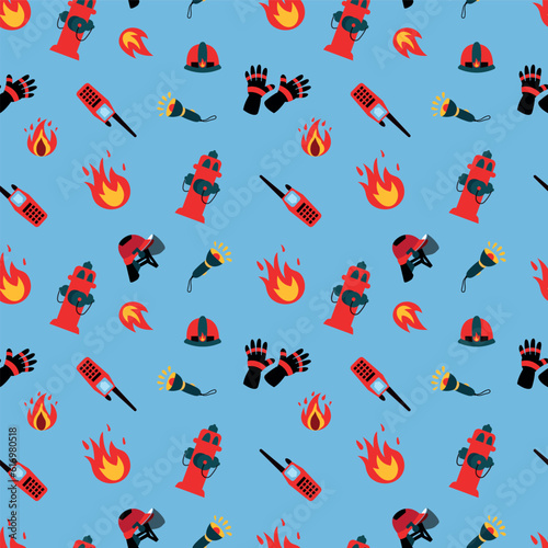 Fireman seamless pattern. Hydrant, helmet, walkie-talkie, fire, gloves, flashlight. Design for fabric, textile, wallpaper, packaging.
