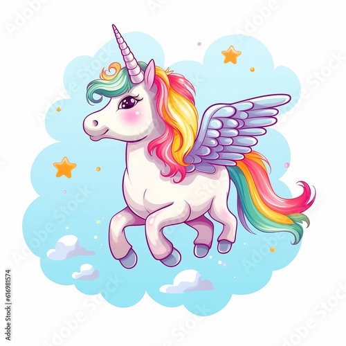 cartoon style illustration for cute flying unicorn in the sky with rainbow in background  Generative Ai