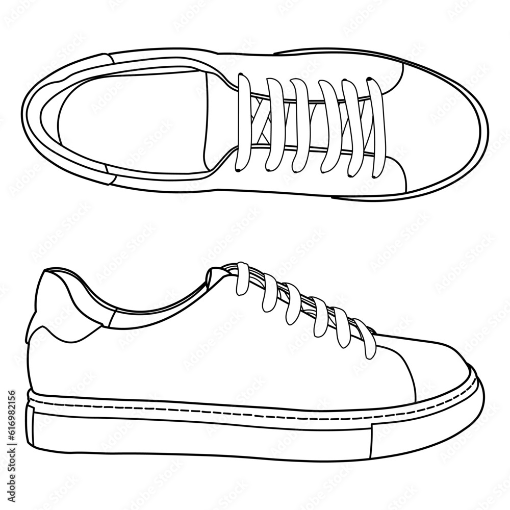 Set of hand drawn sneakers, gym shoes, top view. Image in different ...