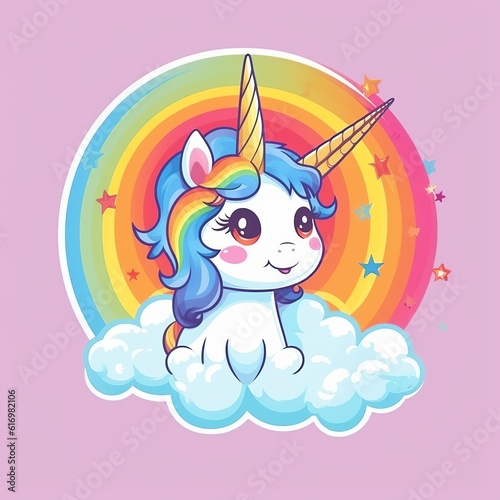 cartoon style illustration for cute flying unicorn in the sky with rainbow in background, Generative Ai © Deep Ai Generation