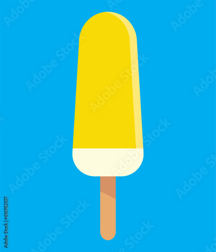 Yellow ice lolly on blue background, flat vector illustration. Yummy ice cream fruit popsicle, summer time concept. Lemon Icecream icon,dessert illustration, vector sweet summer 
sign symbol.
