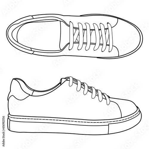 Set of hand drawn sneakers, gym shoes, top view. Image in different views - front, back, top, side, sole and 3d view. Doodle vector illustration.