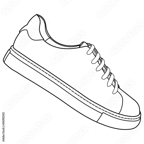 Set of hand drawn sneakers, gym shoes, top view. Image in different views - front, back, top, side, sole and 3d view. Doodle vector illustration.