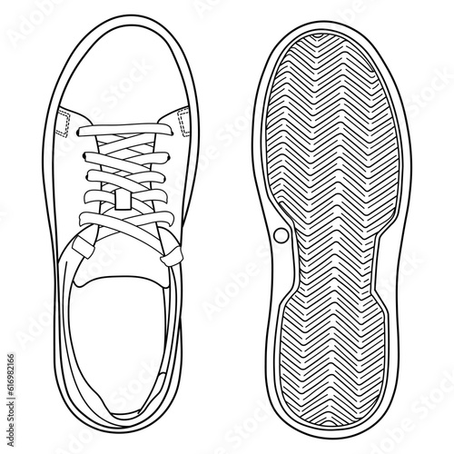 Set of hand drawn sneakers, gym shoes, top view. Image in different views - front, back, top, side, sole and 3d view. Doodle vector illustration.
