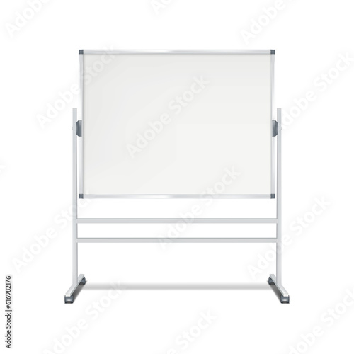 Blank whiteboard on wheeled stand vector mockup. Revolving flipchart magnetic white board with wheels realistic mock-up.  Template for design