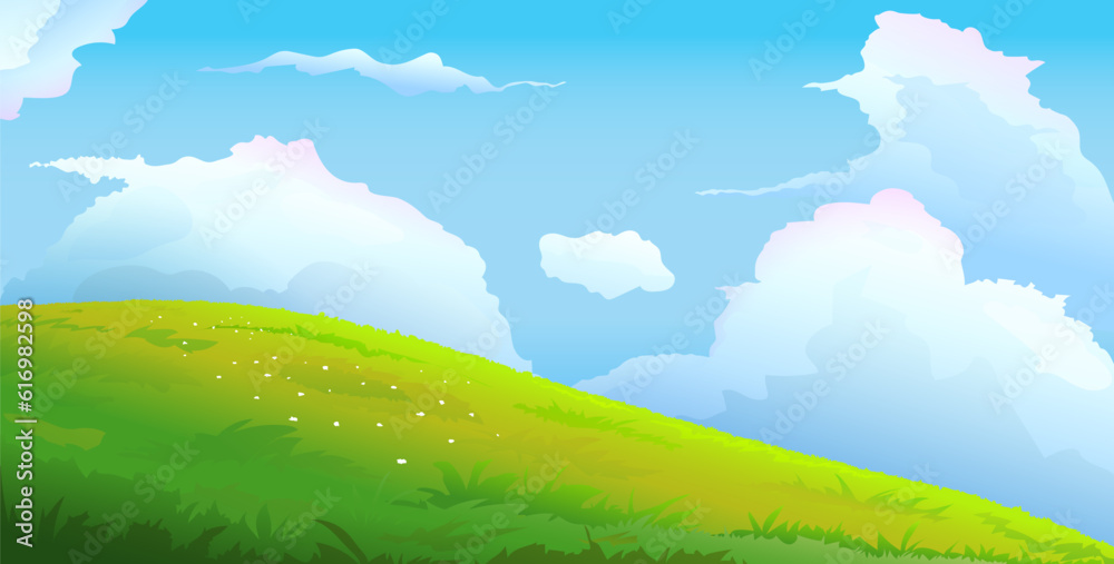 Scenic meadow landscape background with clouds. Colorful cartoon scenery, green grass pasture and sky, romantic rural scenery illustration, kids wallpaper. Vector graphics.