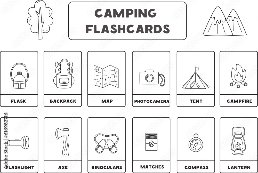 Black and white camping items with names. Flashcards for learning English. Black and white camping items with names. Flashcards for learning English.