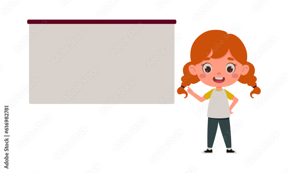 Cute little girl points his finger at the empty board. Template for children design. Cartoon schoolgirl character. Vector illustration