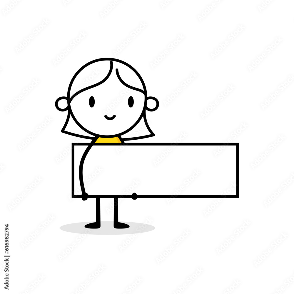 Comic woman holding a blank banner on white background. Hand drawn doodle girl. Vector stock illustration Comic woman holding a blank banner on white background. Hand drawn doodle girl. Vector stock illustration