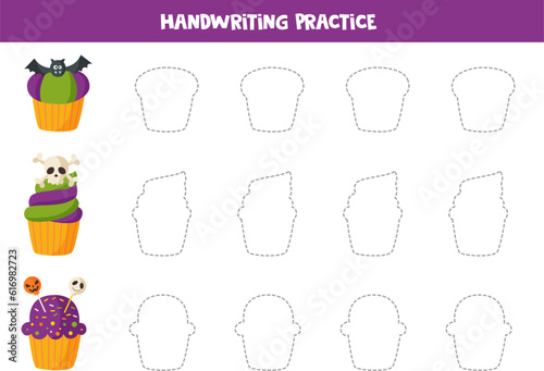 Handwriting practice with cartoon Halloween cupcakes. Tracing lines for preschoolers.