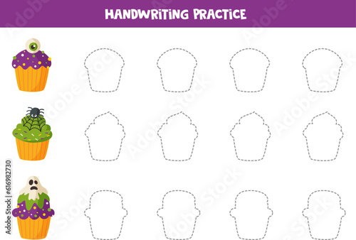 Handwriting practice with cartoon Halloween cupcakes. Tracing lines for preschoolers.