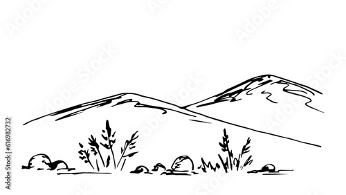 Simple black outline vector drawing. Desert area, mountain landscape, bushes of dry grass, stones. Wild nature. Ink sketch.