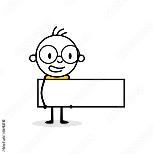 Comic man holding a blank banner on white background. Hand drawn doodle boy. Vector stock illustration