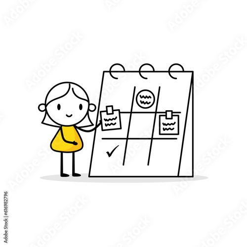 Comic woman organizing his calendar. Stay organized strict to schedule and deadline, control working process, manage habit for better productivity concept. Vector stock illustration