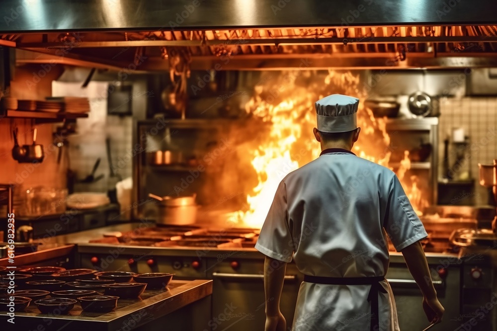 Asian Restaurant Kitchen Flame and Smoke on Gas Stove with Chef's Perspective, Generative AI