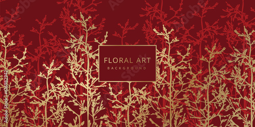 Luxury floral red abstract background with gold hand drawn flowers. Vector design template for postcard, wall poster, business card, flyer, banner, wedding invitation, print, cover, wallpaper