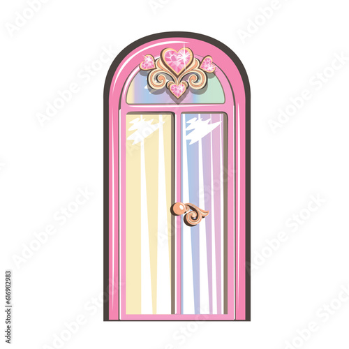 Fairytale pink door of a beautiful princess. Door with jewels. Elements of fairy tale architecture. Princess castle interior. Cartoon style. Vector illustration.