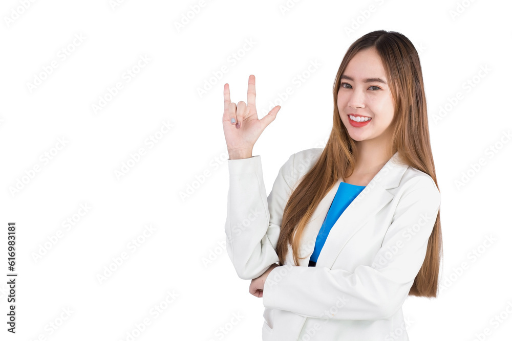 Asian professional young businesswoman in white suit looking at the camera acts exciting and symbol of love to present something isolated on white background. Asian professional young businesswoman in white suit looking at the camera acts exciting and symbol of love to present something isolated on white background.