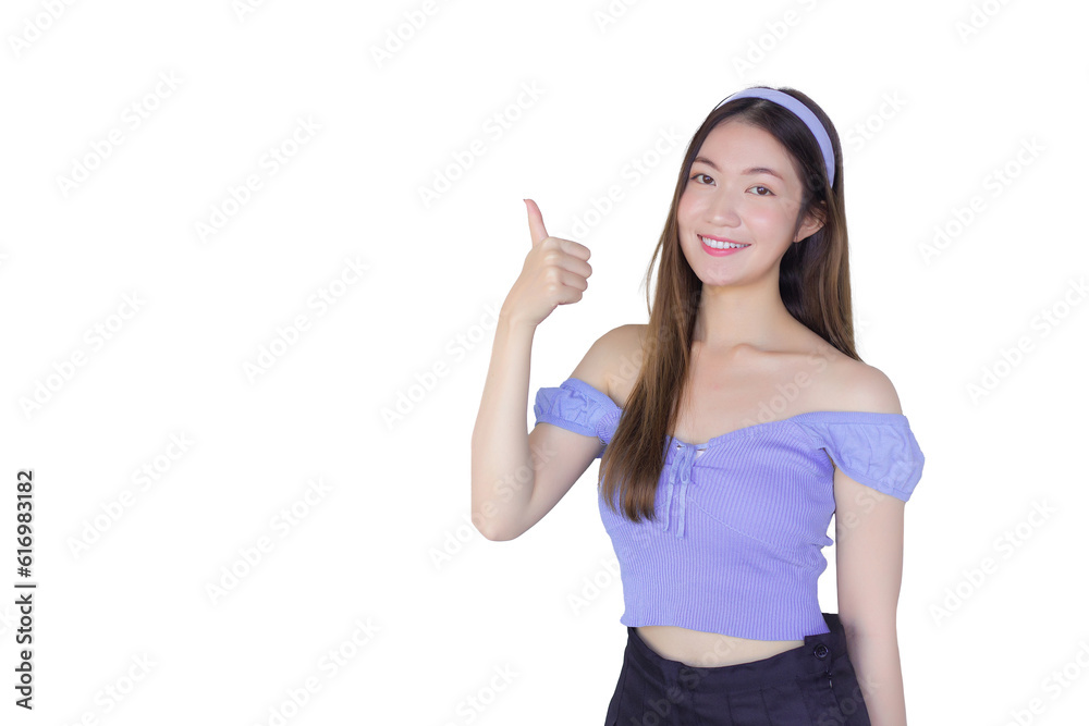 Young beautiful Asian woman wearing a purple shirt is acting thumb up as a good symbol and another hand shows as presenting something isolated on white background. Young beautiful Asian woman wearing a purple shirt is acting thumb up as a good symbol and another hand shows as presenting something isolated on white background.