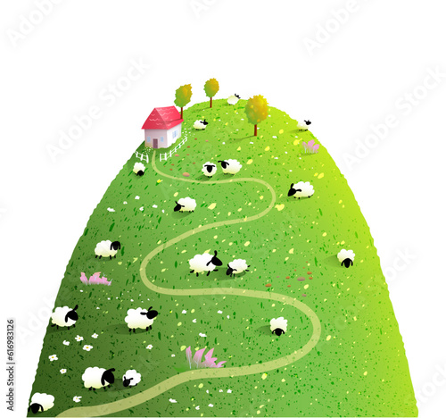 Isolated Mountain or hill with sheep ranch or farm. Artistic countryside pasture mountain drawing with animals and little house. Cute farm on hill for children. Vector isolated clip art.