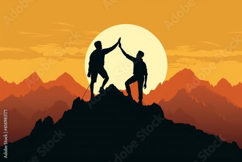 Triumph of Achievement Silhouette of Two Hikers Celebrating Success atop a Mountain, Generative AI © rzrstudio