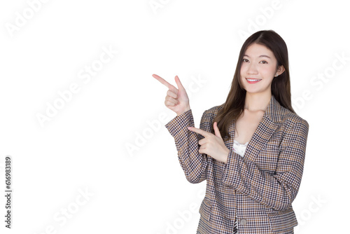 Professional young Asian woman with black long hair wearing plaid suit and pretty smiling looking at camera is present product isolated on white background.
