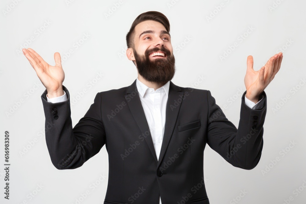 Portrait of a happy young businessman standing with arms raised isolated over white background, Generative AI Portrait of a happy young businessman standing with arms raised isolated over white background, Generative AI