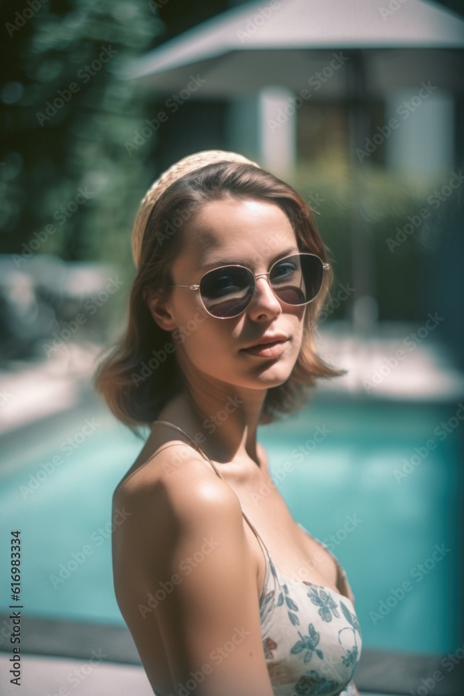 Portrait of a beautiful young woman in a swimsuit and sunglasses near the swimming pool, Generative AI Portrait of a beautiful young woman in a swimsuit and sunglasses near the swimming pool, Generative AI