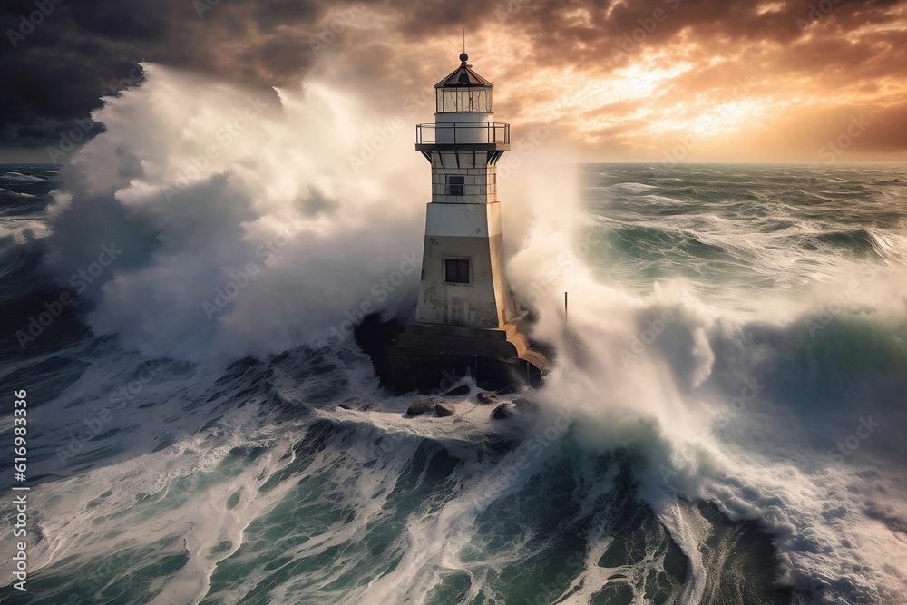 Tempestuous Sea Majestic Waves Crashing Against the Lighthouse, Generative AI