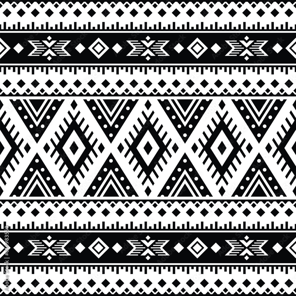 Aztec geometric seamless ethnic pattern. Black and white colors. Ornament traditional. Design for textile, fabric, clothes, curtain, carpet, batik, ornament, background, wrapping, paper, wallpaper.