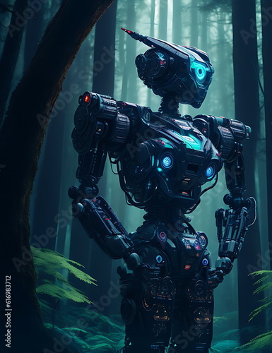 robot in a dark forest, 3d rendering toned image