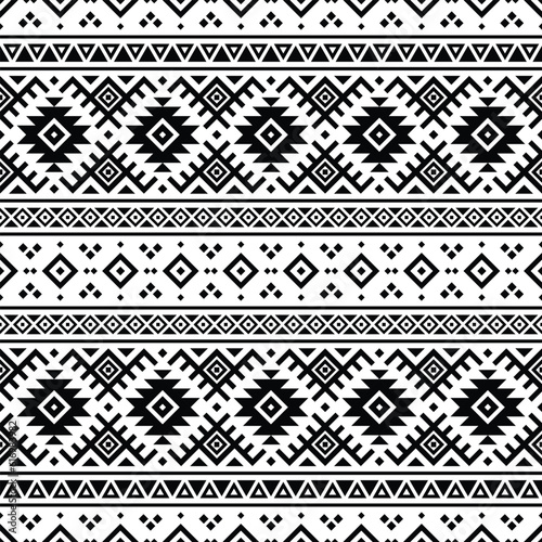 Tribal vector seamless Aztec pattern. Black and white colors. Abstract ethnic geometric art print design for textile template, fabric, clothing, curtain, rug, ornament, background, wrapping.