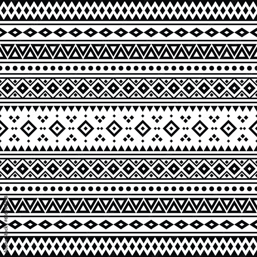Ethnic geometric Native American pattern design. Tribal seamless stripe pattern in Aztec style. Black and white. Design for textile, fabric, clothing, curtain, rug, ornament, wallpaper, wrapping.
