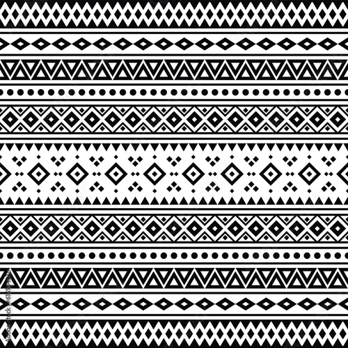 Ethnic geometric Native American pattern design. Tribal seamless stripe pattern in Aztec style. Black and white. Design for textile, fabric, clothing, curtain, rug, ornament, wallpaper, wrapping.