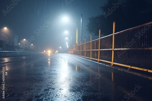 Midnight Road Hazy Wet Street with Car Headlights and Metal Fences, Generative AI