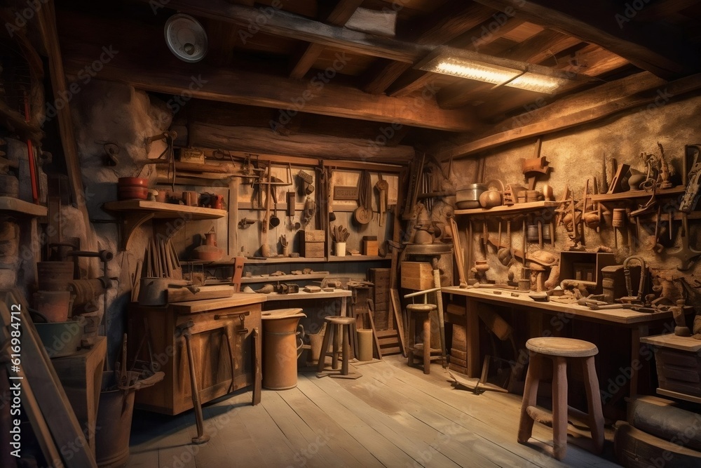 Vintage Woodworking Workshop Mid Century Era Craftsman's Rustic Haven, Generative AI