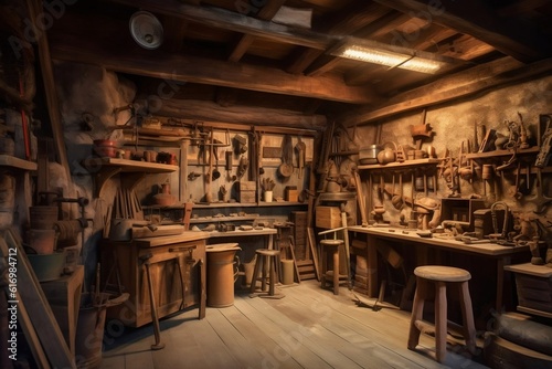 Vintage Woodworking Workshop Mid Century Era Craftsman's Rustic Haven, Generative AI © rzrstudio