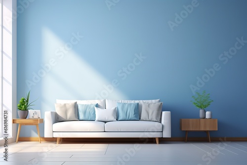 3d rendering of modern living room with white sofa  home desk in wall with decor  personal accessories  lamp  books  dry flowers in a vase  ceramics. Pouf with a blanket. Wood panel Generative AI