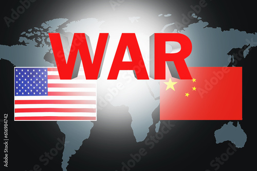  War word with USA and China flags on world map background. Conflict between USA and China