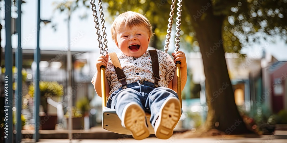 Generative AI. Children with Down Syndrome on a swing. Children with down syndrome on attractions 3d illustration concept Generative AI. Children with Down Syndrome on a swing. Children with down syndrome on attractions 3d illustration concept