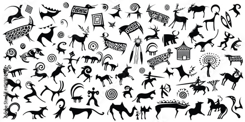 A large set of stylized petroglyphs, rock paintings of Central Asia, isolated on white background, vector design