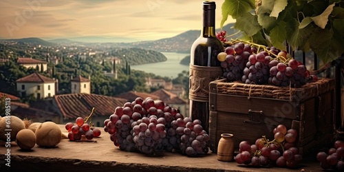 Red Wine Bottle on Wooden Table: Vintage Alcoholic Drink for Celebration and Collection blur background photo