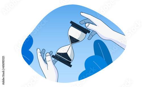 Hands holding an hourglass. Time management and planning concept. Modern flat style.