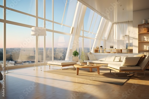 Bright living room interior with white empty wall,Generative AI © Azar