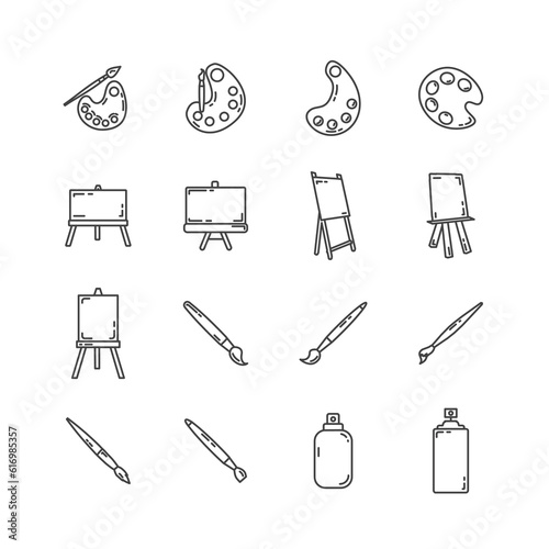 art line icon set with painting kit, easel and canvas