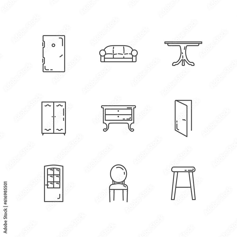 furniture line icon set with door, chair, sofa furniture line icon set with door, chair, sofa