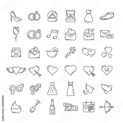 love line icon set with bridal dress, ring, heart, event invitation