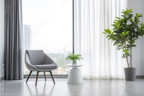 Living room interior with gray velvet sofa  pillows  green plaid  lamp and fiddle leaf tree in wicker basket on white wall background. 3D rendering Generative AI