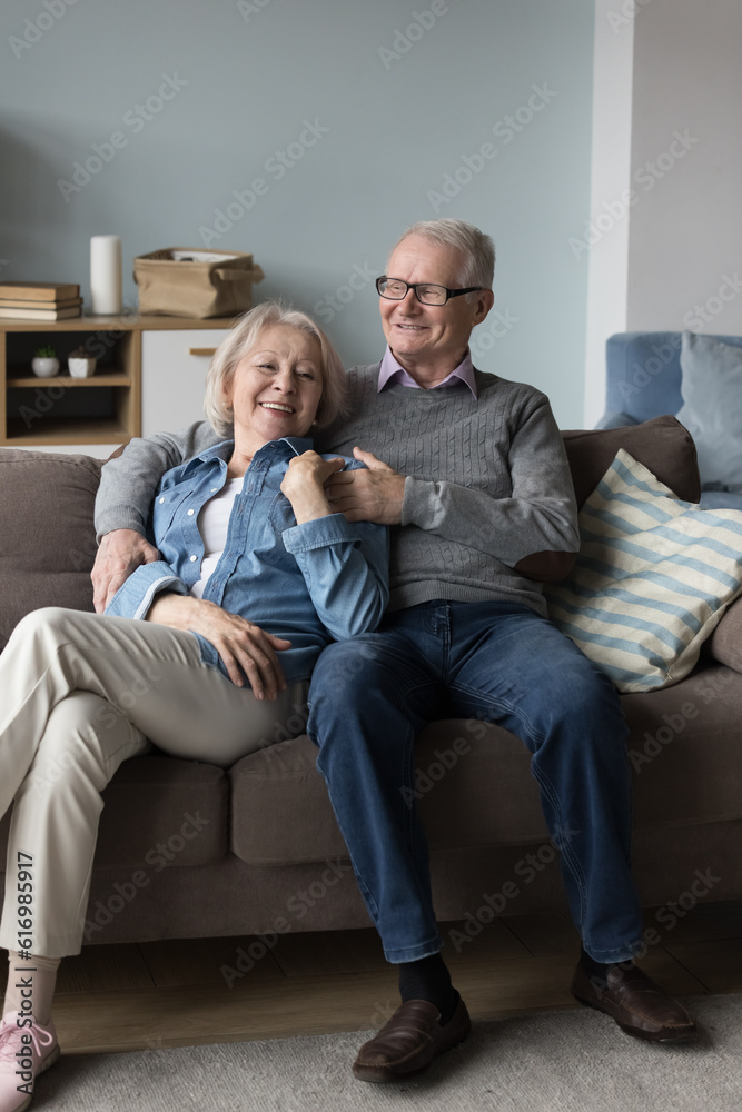 Senior couple talking, relaxing on sofa, feel untroubled, spend carefree pastime together at own modern home. Calm retired life, comfort rest, good and harmonic relationships between loving spouses